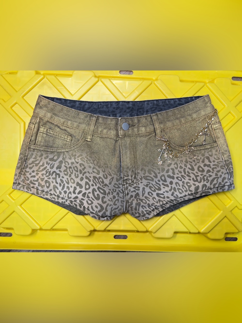 Leopard Print Women's Denim Shorts - Tan - Picture 2 of 9